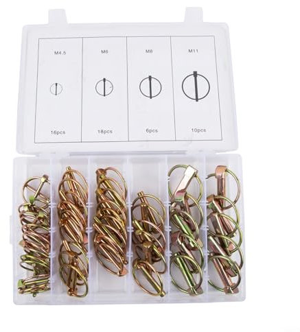 FUBESK Kit di 50 perni di tassello per attrezzature agricole 4 misure spille di sicurezza in ferro con meccanismo di bloccaggio ad anello accessori trattore falciatrice