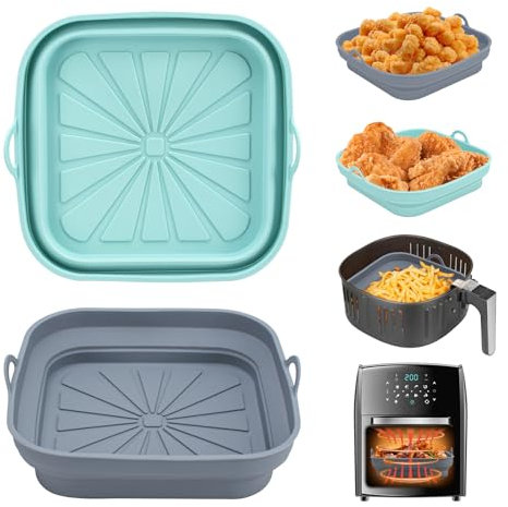 Alyvisun Moule Silicone Air Fryer, 2 Pièces Panier Moule pour Friteuse à Air Chaud Réutilisable Airfryer Pot Plat Carré Pliable Doublure Liner pour Friteuse Air, Micro-ondes, Four (Bleu Clair+Gris)
