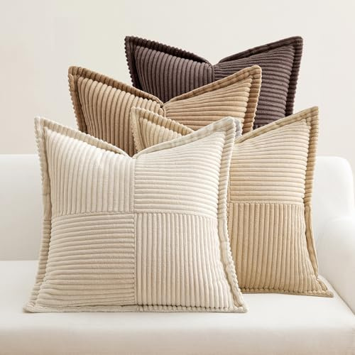 EMEMA Lot de 4 housses de coussin décoratives en velours côtelé - Douces et décoratives - 40 x 40 cm - Pour salon, chambre à coucher - Série café