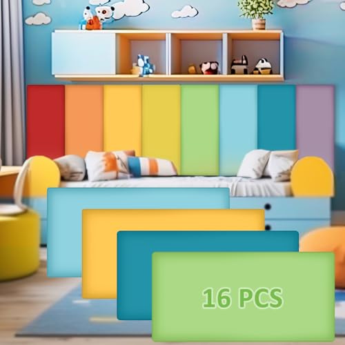 Hahafelt 16 Pack Wall Padding for Playroom Peel and Stick Headboard 15.75 x 7.87 x 1.18 3D Anti Collision Upholstered Wall Panels Self Adhesive Headboard Panel for Protection (Rainbow Colors)