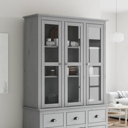 MOBCANT Vitrinenschrank mit Glastüren, Schränke Cupboard Barschrank Buffetschrank Geeignet für Korridor Wohnbereich Schlafzimmer Foyer Grau Massivholz Kiefer