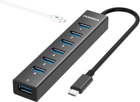 FORIDA 8-Port USB C Hub mit 7 USBA 3.0 Datenanschlüssen mit 5Gbps, Langkabel 3.0 Splitter Multiport Adapter mit 5V / 3A Type-C Port, Aluminium USBA Verteiler für PCs, Laptops (USB C, 25cm Schwarz)