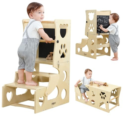 Toddler Tower, 3-in-1 Wooden Learning Standing Tower with Safety Rails, Kitchen Step Stool for Kids with Montessori Chalkboard, Foldable Toddler Table and Chair Set for 3+ Years, Cartoon Shape Natural