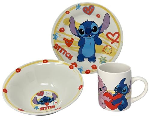 CARTOON Set 3 pezzi in ceramica Stitch Disney tazza ciotola piatto stoviglie per bambini servizio da tavola in confezione