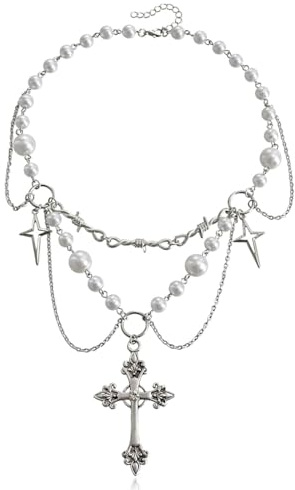 KUMSODE Kristallkors pärlhalsband gotisk choker krucifix hänge halsband silver pärlor smycken för kvinnor och flickor