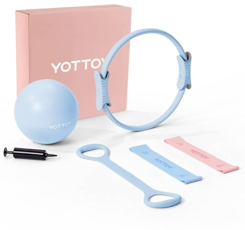 YOTTOY Pilates Ring and Ball Set, Figure 8 Resistance Bands, Stretch Bands&Guide,Pilates Equipment Set for Beginners for Home Workouts Core Strength, Yoga, Physical Therapy & Rehab (Blue, 13.5 Inch)
