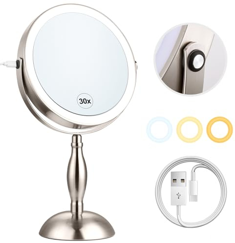 Makeup Mirror with Light, 30x Magnifying Mirror with 3 Lights Colors, 5000mAh Vanity Mirror Brushed Nickel - 360° Rotation, Brightness Adjustable Magnification, Modern Style Side Touch + Side Charge
