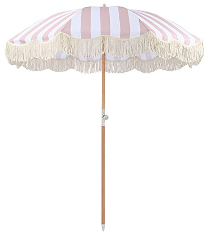 2m Pink Striped Retro Luxury Beach Parasol Fringed Garden Polyester Umbrella, Portable Tilt, Wear-Resistant Sunscreen,Seaside Courtyard Pool Shading
