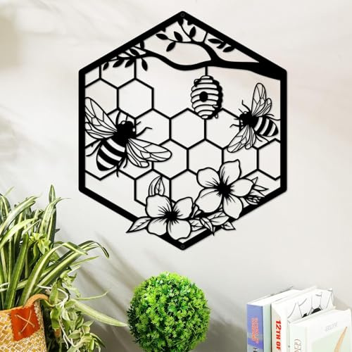 ruelen Metal Bee Wall Art - Farmhouse Honey Bee and Hives with Flowers Metal Wall Decor for Living Room,Bedroom,Garden,Office, Home,Gift for Gardener & Bee Keeper (11.14x9.72in)