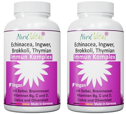 2er Pack Immun-Komplex mit 15 aktiven Inhaltsstoffen - Echinacea, Brokkoli, Ingwer, Salbei, Brennnessel, Cistus, Olivenblatt, Vitaminen C, B9 und D, Zink und Selen - deutsche Produktion