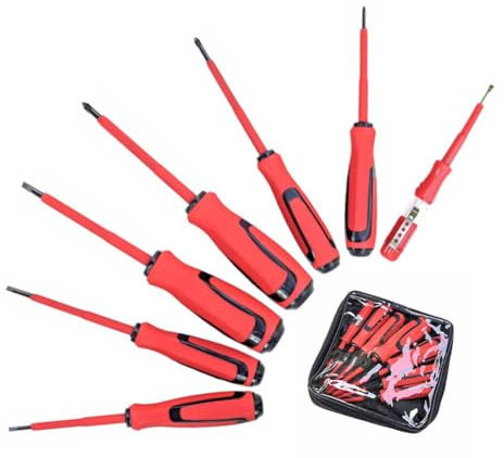 Lot de 7 tournevis isolés pour électriciens comprenant 3 tournevis cruciformes et 3 plats, un crayon de test et un sac de rangement pour plus de commodité