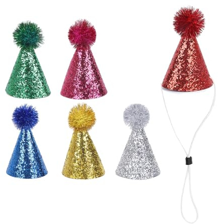 Glitzernde Puder-Pompons, Partyhut für Hunde und Katzen, zum Geburtstag, weich, verstellbar, Kostüm-Zubehör, Haustier-Geburtstagshut, 6 Stück
