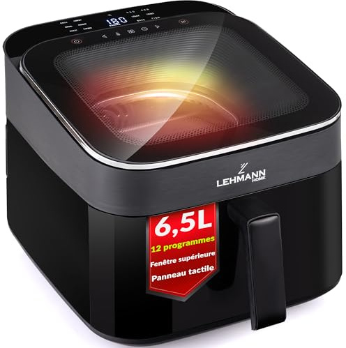LEHMANN Friggitrice ad Aria XL 6,5L, Air Fryer con Finestra Panoramica Superiore e Illuminazione Interna, Display Touch, 12 Programmi, Promemoria di Agitazione, Griglie Lavabili in Lavastoviglie