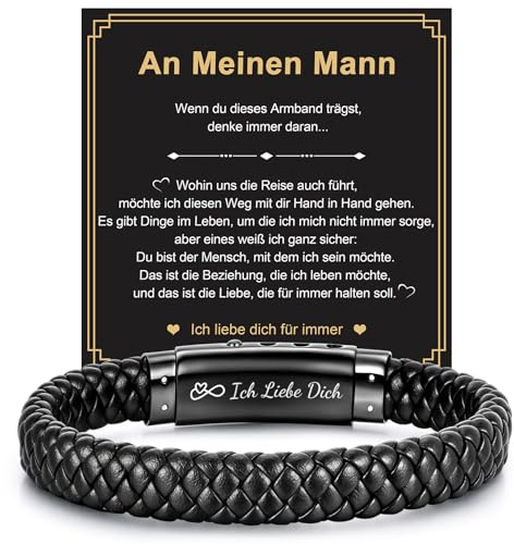 FLHEART An Meinen Mann Lederarmband Geschenke für Männer - Schwarz Leder Armband Herren mit Gravur Ich Liebe Dich für Mann Ehemann Freund Ihn, Männer Armband Geschenke für Geburtstag Valentinstag