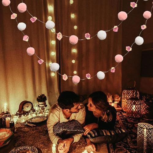 Pinke Lichterkette mit 20 niedlichen flauschigen Pompons, 20 rosa LED-Lichtern, batteriebetrieben mit Timer, für Mädchen, Schlafzimmer, Geburtstag, Party, Kinderspielhaus, Hochzeit, Valentinstag