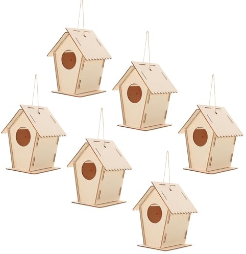 LALADEFIEE 6 Stück Mini Vogelhaus Bausatz aus Naturbelassenem Holz mit Aufhängeschnur Vorgebohrt für Einfache Montage Bemalbar für Basteln Dekoratives Gartenhaus