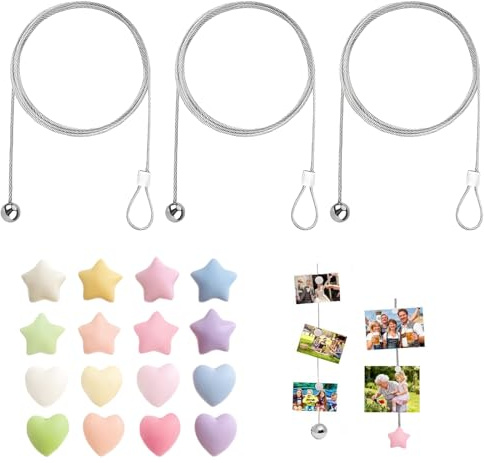3 Stück Fotodrahtseil, 1.5mmx2m Fotoseil mit Magneten, Fotoseil mit 16 Magneten, Fotoleine, Metall Fotokette mit Aufhängeloch, Geeignet zum AufhäNgen von Fotos und Postkarten
