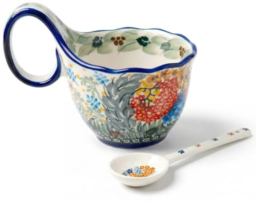 Soppskål med handtag 445 ml blommiga keramiska soppkoppar med sked elegant polerad keramikstil flingskål för glass, mellanmål, gryta, frukost