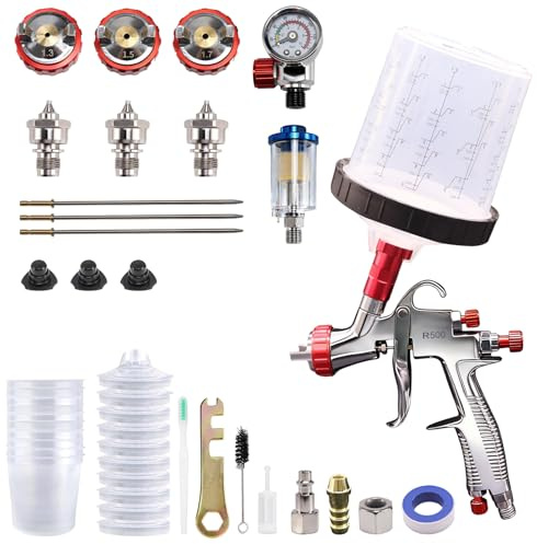 R500 LVLP - Pistola de pulverización con taza mezcladora de 600 ml y 10 vasos desechables, boquillas de 1,3/1,5/1,7 mm, pistola de pintura profesional para automóviles, muebles, pintura de casa, valla