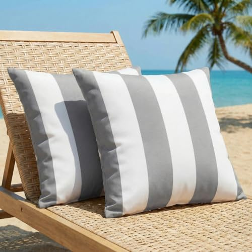 Luzzxfa 2er Set Outdoor Kissenbezug 50x50 cm Grau Gestreifte Wasserfest Dekokissen Modern Garten kissenbezüge Strand Dekorative Kissenhülle Sommer Sofakissen für Sofa Balkon Camping