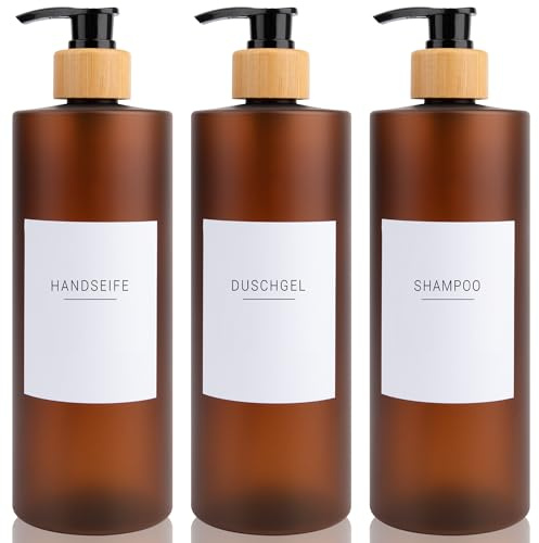 Seifenspender 3er-Set 500ml Pumpflaschen Set mit Bambus Pumpen Wasserfeste Weiß Etiketten