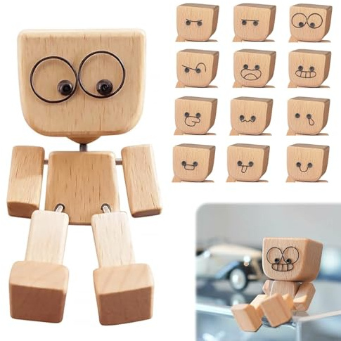 KUIZHEN Wackelnder Holzmann, Schüttelnde Holzmann-Figur mit 12 Magnetischen Ausdrücke Schwankt, Wackelfigur Auto, Schüttelmann aus Holz, lustige Autodekoration für Armaturenbrett Dekoration