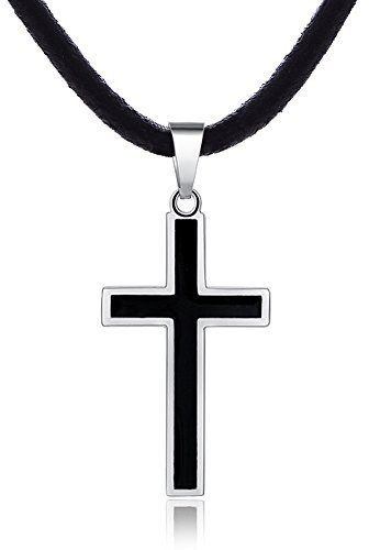 Sophie & Jules Collar de Cuero para Hombre 50 cm con Colgante en Cruz de Acero Inoxidable