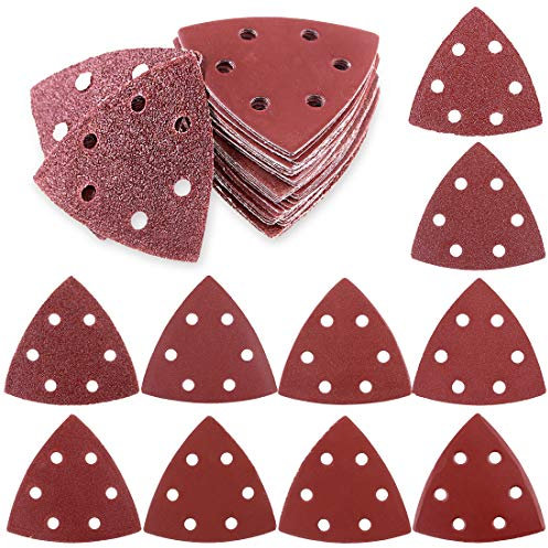 Glarks Lot de 50 papiers abrasifs triangulaires de 90 mm avec crochet et boucle pour ponceuse orbitale aléatoire (6 trous)