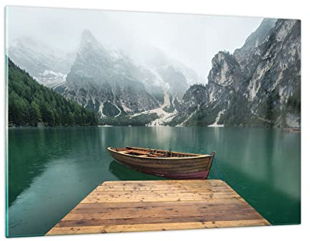 Wandbilder Dekoration Wohnzimmer Berge See Boot Bilder auf Glas 120x80cm Glasbild Schlafzimmer Küche Deko Wand Kunstdruck Art Groß XXL Wanddeko Bild im Glas Modern Wall Decor Glasdruck GAA120x80-3978