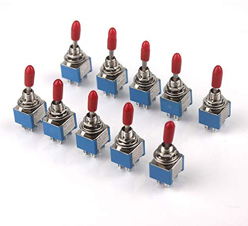 Ytian 10Pcs DPDT Toggle Switches, 6-Pin 2 Position ON-ON, AC 250V/3A 120V/6A, Miniature Switches with Red Plastic Cap, Panel Mount, Screw Terminal, Silver Contact Resistance