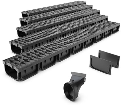 VODALAND EASY 2 - Canaleta de Desagüe de 5 Metros con Rejilla de Plástico Negro | Sistema de Drenaje para Jardines, Aguas Pluviales y Terrazas | Resistente, Fácil de Instalar| Kit Completo Drenaje