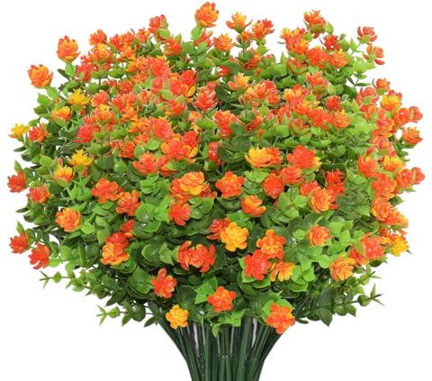 AIOR 10 Bouquets Artificielles Fleurs Faux Fleurs, UV Résistant Verdure Arbustes Plantes pour Extérieur, Intérieur, Balcon, Jardin, Bureau, Mariage, Fête Décor, Orange