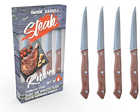 Smokin' Barrels - Set di 4 coltelli da bistecca con manici in legno esotico