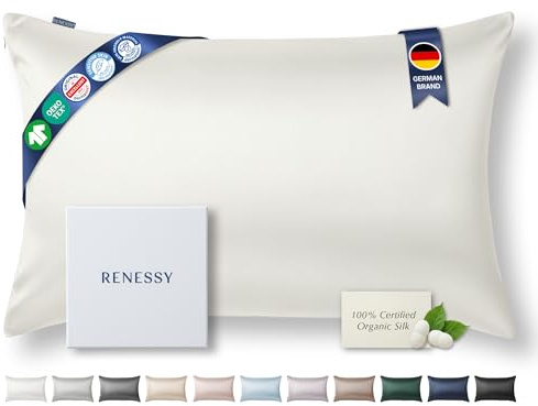 RENESSY Federa in Seta 100% Bio 50x75 cm - 22 Momme Seta di Gelso, Grado 6A, Certificata Oeko-Tex in Germania - Lusso per i Capelli e la Pelle, 1 Pezzo (Seta Naturale Avorio)