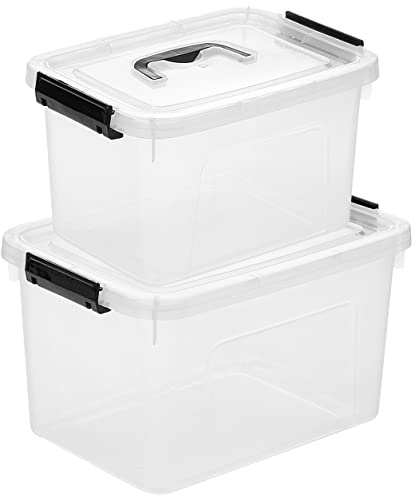 JUJIAJIA Clear Storage Latch Box/Bin, 2-Pack Plastic Organizing Container with Handle and Lids (7 QT/16QT)