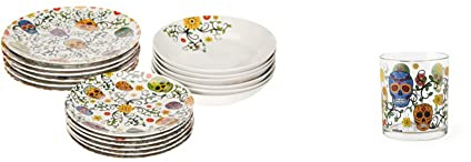 Excelsa Calavera Servizio Piatti 18 Pezzi, Porcellana & Calavera Set 3 Bicchieri Acqua, Vetro pressato