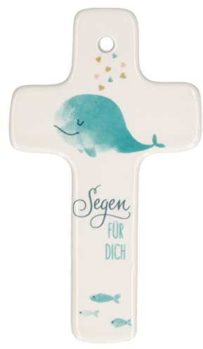 Butzon & Bercker Porzellan-Kreuz mit Segen - Kinderkreuz Taufe 6,5x11 cm | Weißes Wandkreuz zur Erstkommunion mit grünem Motiv. Inklusive Geschenkverpackung, ideal als Taufgeschenk für Kinder.
