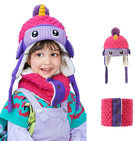 Teechodina Ensemble bonnet d'hiver pour enfant - Bonnet tricoté pour fille - Bonnet pour bébé - Bonnet chaud - Bonnet d'hiver - Garçon - Écharpe ronde - Pour enfants de 3 à 8 ans, Licornes, 3-6 Jahr