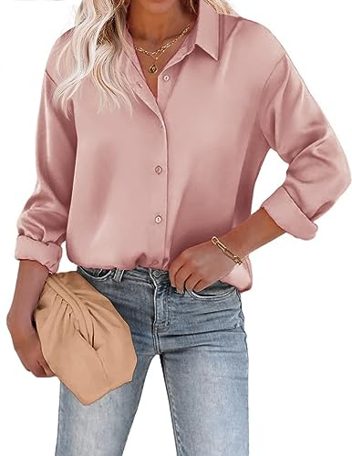 Beyove Damblus, satin, silke, V-ringade skjortor, eleganta, långärmade affärstoppar med knappar, toppar, lös långärmad skjorta, ROSA, L