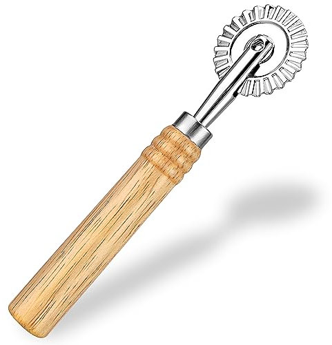 COMNICO Rueda de corte de pasta de aleación de zinc, mango largo de madera, para raviolis, cortador giratorio, herramientas de repostería, moldes de borde estriado, accesorio para el hogar, utensilios