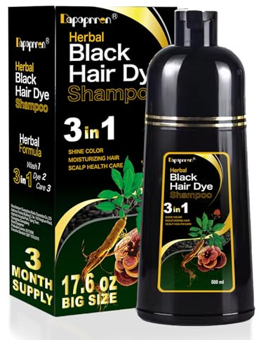 Dapoprren Black Hair Dye Shampoo 3 in 1, Natural Dye to Cover Gray Hairs,Hair Color Shampoo for Women and Men,Herbal Ingredient Shampoos for Grey Hairs Coverage-500ml/17 Oz