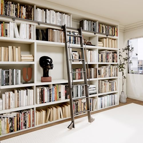HARDJULAN 87 Telescopic Sliding Library Ladder with Handrail – Lightweight Aluminum Rolling Ladder with Braking Wheels, 4FT Hook Ladder Track Kit for Home, Loft, and Bookshelves