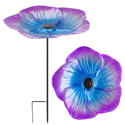 Surakey Mangeoire Oiseaux en Métal en Forme de Fleur 51CM, Grand Abreuvoir à Oiseaux Debout avec Pied, Abreuvoir Oiseaux Exterieur, Mangeoire Oiseaux Sauvage Décor pour Cour, Jardin, Pelouse (Violet)