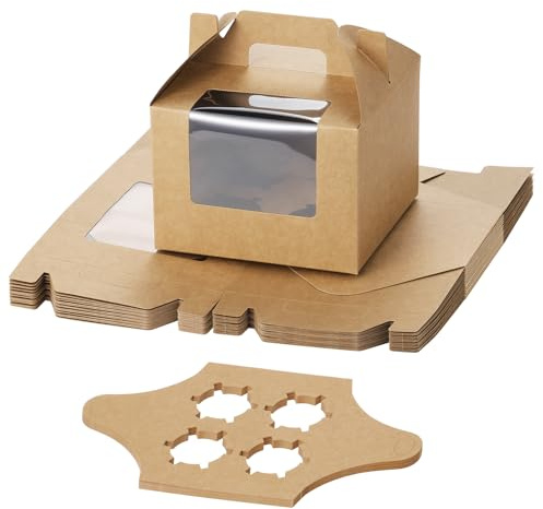 Coolty 25pcs Cajas para Tartas 4 Agujeros Cajas para Cupcakes con Asa para Embalaje Panadería Pastelería Galletas Magdalenas Cupcakes Postres Tartas (Marrón)