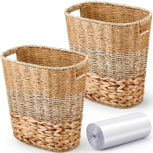 Ziliny Lot de 2 poubelles en osier avec 50 petits sacs poubelle tissés avec poignées transparentes multi-usage pour salle de bain, cuisine, chambre à coucher (différents matériaux, style classique)