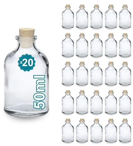 Espirito Rebelde 20 Mini Bouteilles en Verre 50 ml avec Bouchon en Liège | Idéales pour la Décoration | Stockage d'Épices, Liquors | Cadeaux Chics pour Mariages