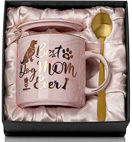 Biching Regalos para mamá de perro para mujeres, regalos para amantes de los perros, taza de 14 oz Best Dog Mum Ever – Taza de café de mármol rosa con patrón dorado, apta para microondas y lavavajilla