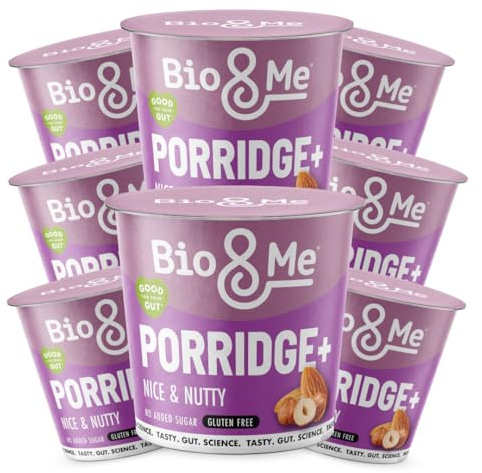 Bio&Me Nice and Nutty Gluten Free Porridge 8-Pack (8 x 58g pots) | High in Fibre, Low Sugar - On The Go Breakfast - Packaging may Vary