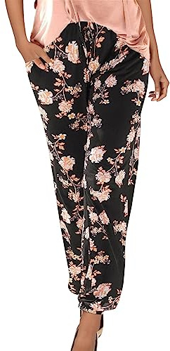 Générique Pantalon Fluide Femme été Imprimé Bohème Taille Haute Baggy Pantalon De Plage avec Poche Vintage Casual Taille Elastique Chic Petites Jambes Pantalon Léger Confortable Yoga Pants