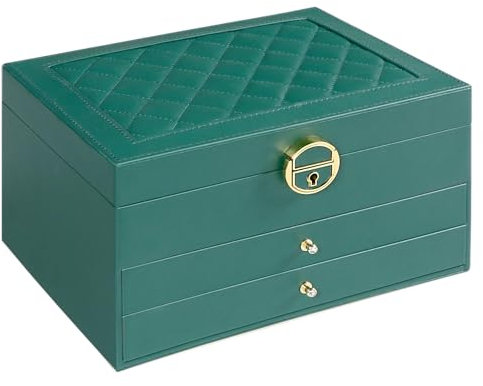 Yohonk Schmuckkästchen, Dreistöckige Schmuckaufbewahrungsbox, Große Schmuckaufbewahrung für Damen, Schmuckbox aus PU-Leder, Zur Aufbewahrung von Halsketten, Armbändern, Ringen und Ohrringen(Grün)